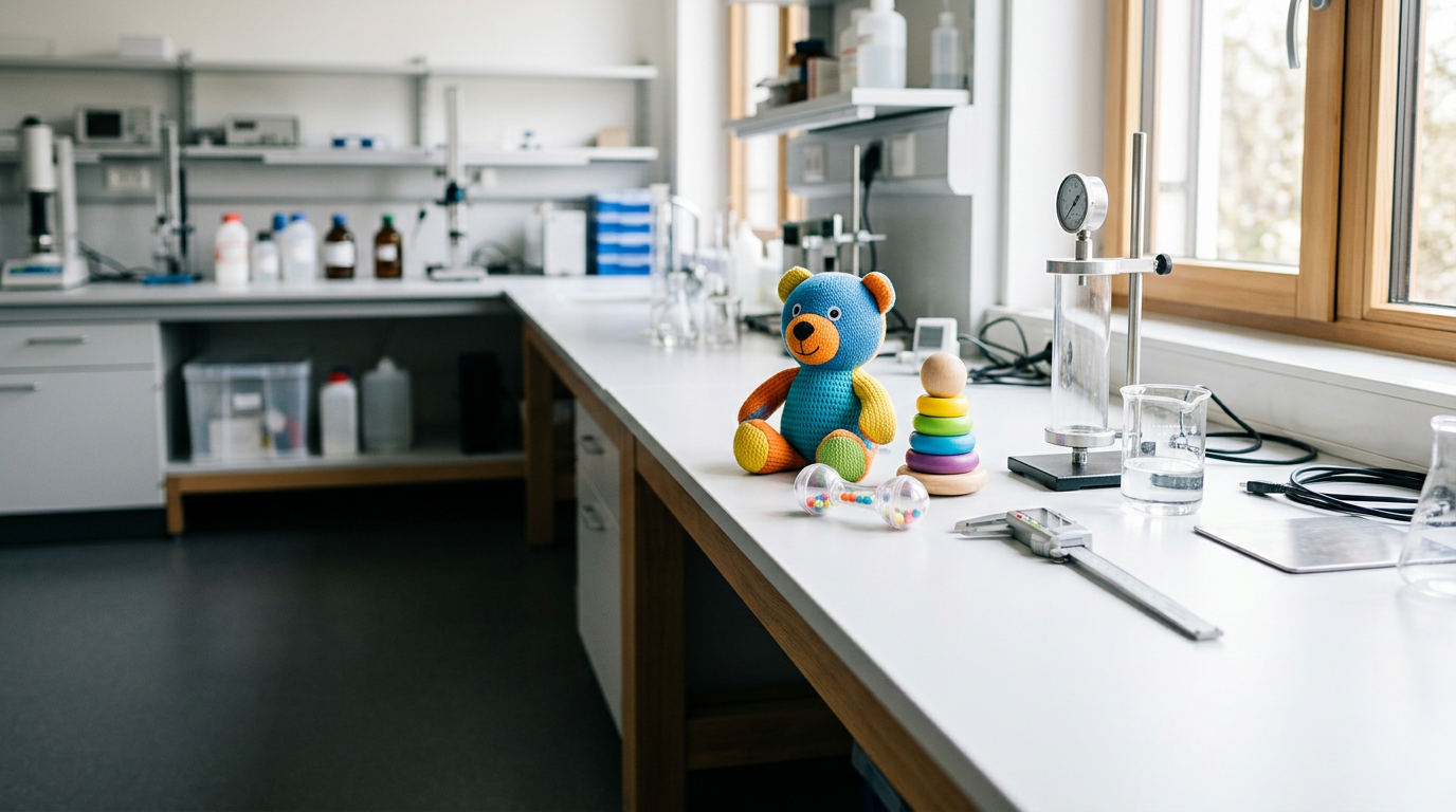 Children's toys laid out on a product testing lab bench
